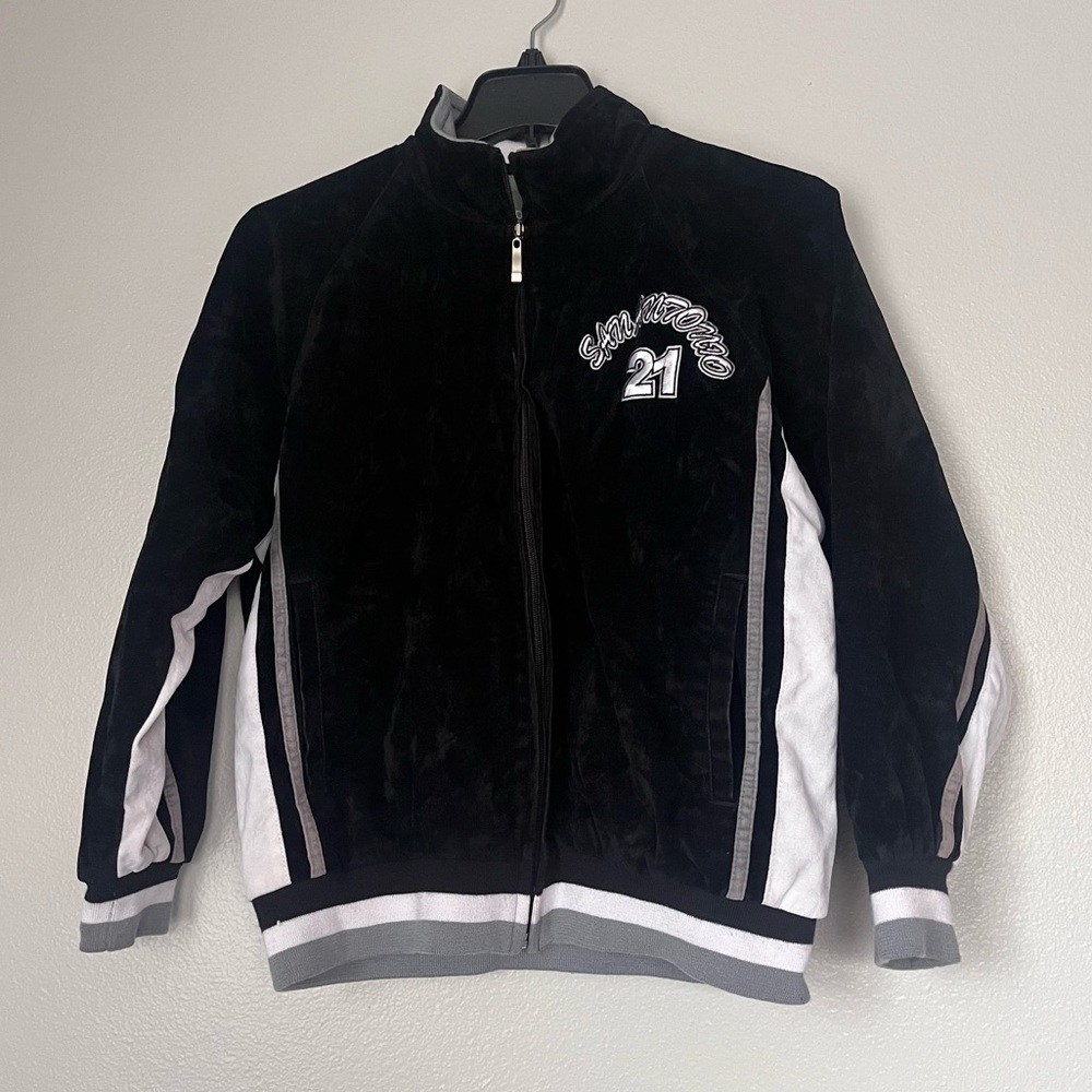 San Antonio Spurs 21 Vintage Velour Kids Track‎ Jacket Coat Size 14 Black Grey
